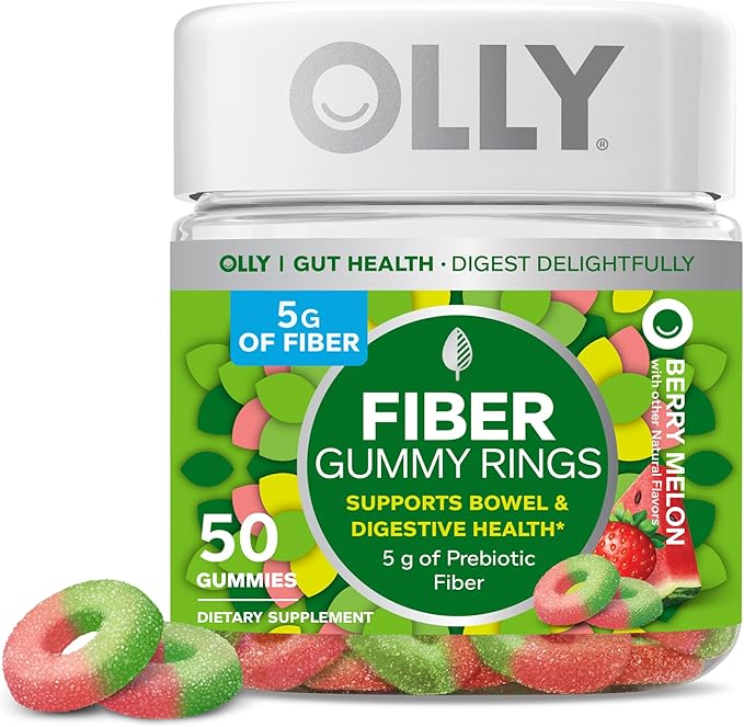 OLLY Fiber Gummy Rings 5g Prebiotic Fiber FOS (Fructo-oligosaccharides) Digestive Support Berry Melon 50ct &amp Keep it Moving Constipation Relief Rhubarb Prunes Amla - Plum Berry Flavor - 30c