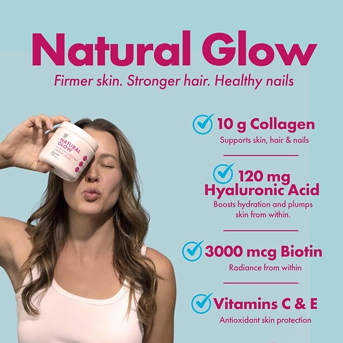 Yes You Can! Natural Glow Beauty Collagen Powder – 10g Hydrolyzed Collagen with Biotin Hyaluronic Acid Vitamins C &amp E – Skin Hair &amp Nail Support – 15 Servings (Unflavored)