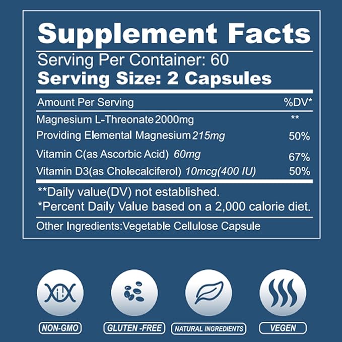 Magnesium L-Threonate Supplement 120 Capsules 2000 mg Magnesium Threonate with Vitamin C &amp D3 High Absorption Non-GMO (60 Days Supply)