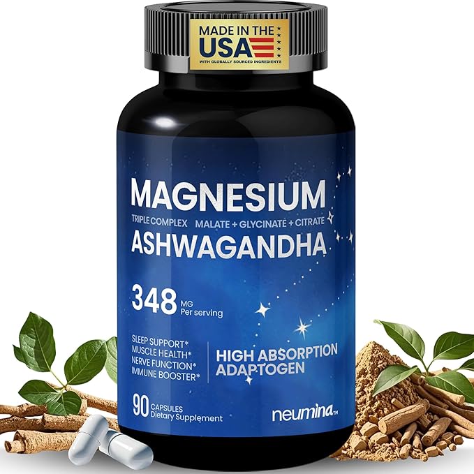 Magnesium Ashwagandha Complex | High-Absorption Multi Magnesium for Stress Sleep Muscle &amp Heart Health | Vegan Non-GMO Gluten-Free Made in USA 90 Capsules