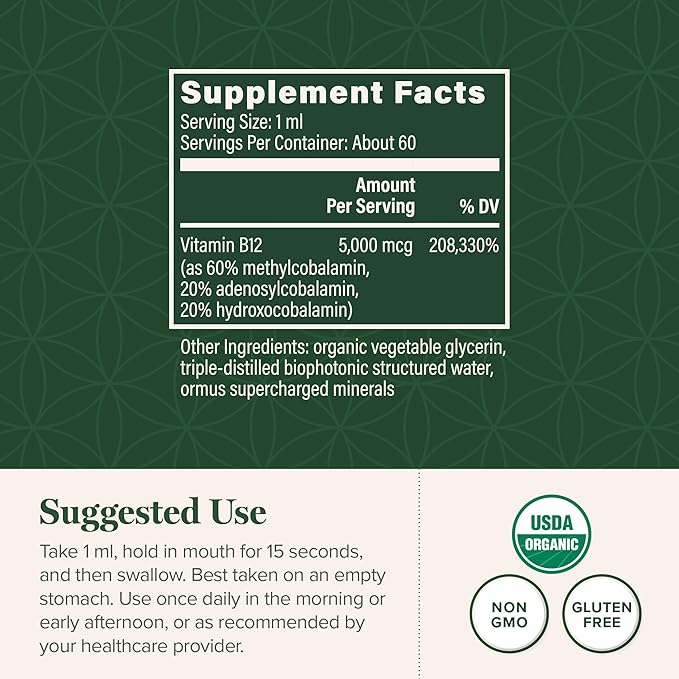Global Healing - Organic Vitamin B12 5000 MCG Sublingual Liquid - Methylcobalamin Hydroxo Blend &amp More - Methylated Drops for Adults - Vegan Non-GMO VIT B12 Vitamins Supplement (2 Oz)