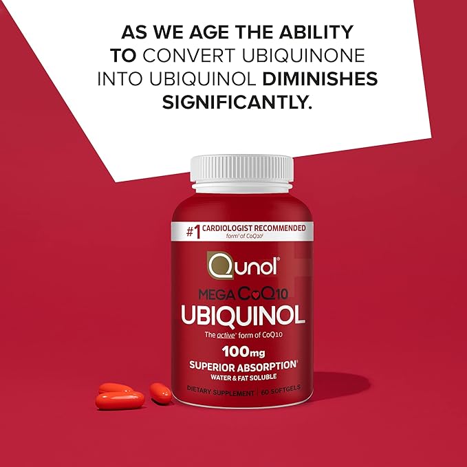 Qunol Mega Ubiquinol Coq10 100mg Superior Absorption Patented Water and Fat Soluble Natural Supplement Form of Coenzyme Q10 Antioxidant for Heart Health 60 Softgels Pack of 2