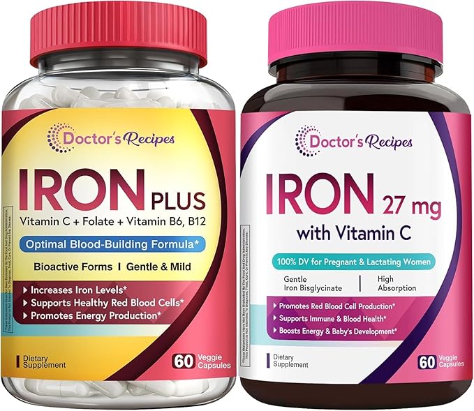 Doctor's Recipes Iron Plus &amp Prenatal  Iron Bundle Stomach‑Friendly and High‑Absorption Iron Support for Pregnancy &amp Daily Energy 120 Vegan Caps Total