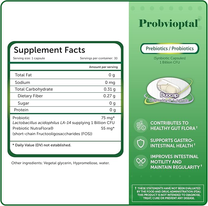 Probvioptal 30 Capsules Probiotics &amp Prebiotics Duocap 1 Billion CFU Gluten Free