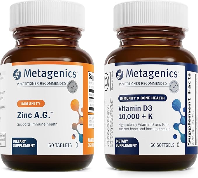 Metagenics Bundle - Zinc A.G. &amp D3 10000 + K - 60 Tablets of Zinc A.G. for Immune Support Bone Health Energy Metabolism - 60 Softgels of D3 10000 + K for Immune Support Heart Health