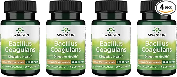Swanson Bacillus Coagulans Spore-Form Probiotic for Adults Seeking Shelf-Stable Digestive Support with 6 Billion CFU - Acid-Resistant (60 Vegan Capsules 4 Pack)