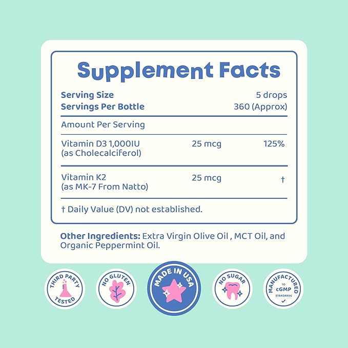 JoySpring Vitamin D3 Kids Drops with K2 – Liquid Supplement for Calcium Absorption &amp Joint Health – 360 Servings (2 fl oz) – Vitamin D Kids Ages 3-18 (Pack of 2)