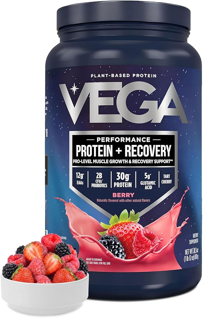 Vega Sport Vegan Protein Powder + Recovery - 30g Plant Based Protein per Serving Berry 19 Servings 5g BCAAs Probiotics NSF Certified for Shakes &amp Smoothies 1.8lbs (Packaging May Vary)