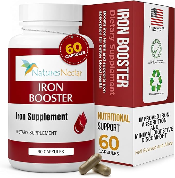 Nature's Nectar Blood Builder Iron Supplement for Men &amp Women – Slow Release Non-Constipating Iron Capsules with Vitamin B-12 Folic Acid &amp Vitamin C – Supports Red Blood Cell Production 60 Ca