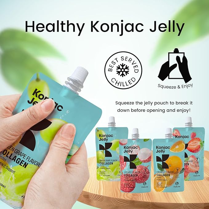 Hethstia Konjac Jelly Collagen Peptides Various Flavors - Lychee Green Grape Strawberry &amp Orange | Low Calorie Sugar-Free Keto Gluten-Free Vitamin C | 10-Pack Portable Healthy Snacks