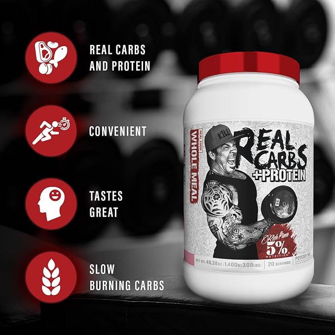 5% Nutrition Rich Piana Real Carbs + Protein | Clean Mass Gainer Meal Replacement Protein Powder | Carbohydrate for Pre Workout/Post-Workout Recovery Meal | 3 lb 20 Srvgs (Birthday Cake + Protein)