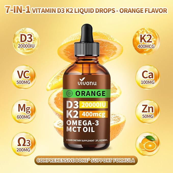 VivoNu Vitamin D3 K2 Drops D3 20000 IU &amp K2 as MK-7 400mcg with Magnesium Calcium Zinc &amp Omega 3 for Immune* Mood* Bone* Health Orange Flavor Vitamin D Liquid Drops Supplement Non-GMO (