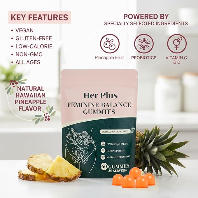 Nutrition Feminine Gummies Premium Feminine Balance Gummies for Women Health Hawaiian Pineapple Flavor Vegan Gluten Free 60 Gummies 30 Servings