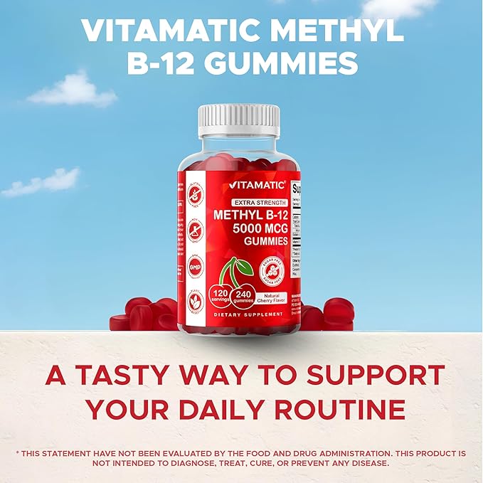 Vitamatic Extra Strength Vitamin B12 5000 mcg (Methyl B12) Gummies - 240 Count Natural Cherry Flavored