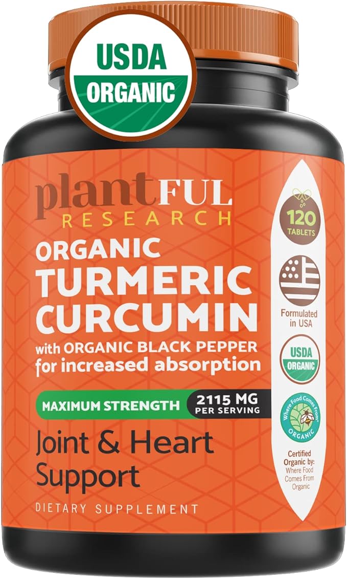 Organic Turmeric Supplement with Black Pepper Highest Potency USDA Certified [Non-GMO Organic Curcumin 2115mg] Antioxidant Joint &amp Immune Support 120 Tablets