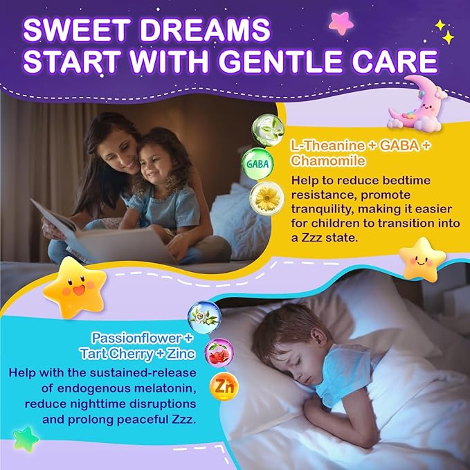 Kids Melatonin Gummy Supplements 1mg - Non-Habit Forming Melatonin Gummies Kids with Chamomile Lemon Balm L-Theanine Magnesium Zinc for Children Ages 4+ - Non-GMO Gluten Free Mixed Berry Flavor