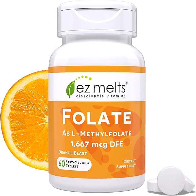 EZ Melts Dissolvable Folate 1667 mcg DFE - Methylated Folate Supplement - Heart Health &amp Healthy Fetal Development - Non-GMO Vegan &amp Dairy-Free - Orange Blast -60 Dissolvable Tablets (60 Ser