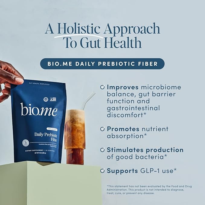 Bio.me Daily Prebiotic Fiber Powder Unflavored - 7g Per Serving - Soluble &amp Insoluble Fiber Supplement Powder for Women &amp Men - Digestive Health &amp Gut Health - GLP-1 Friendly Sugar Free -