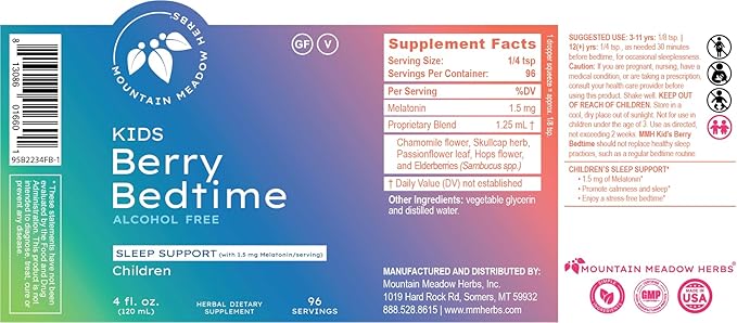 Mountain Meadow Herbs Berry Bedtime – Kids Sleep Support Drops with Melatonin Chamomile Lemon Balm &amp Passionflower - Natural Sleep Aid for Children – 4 oz