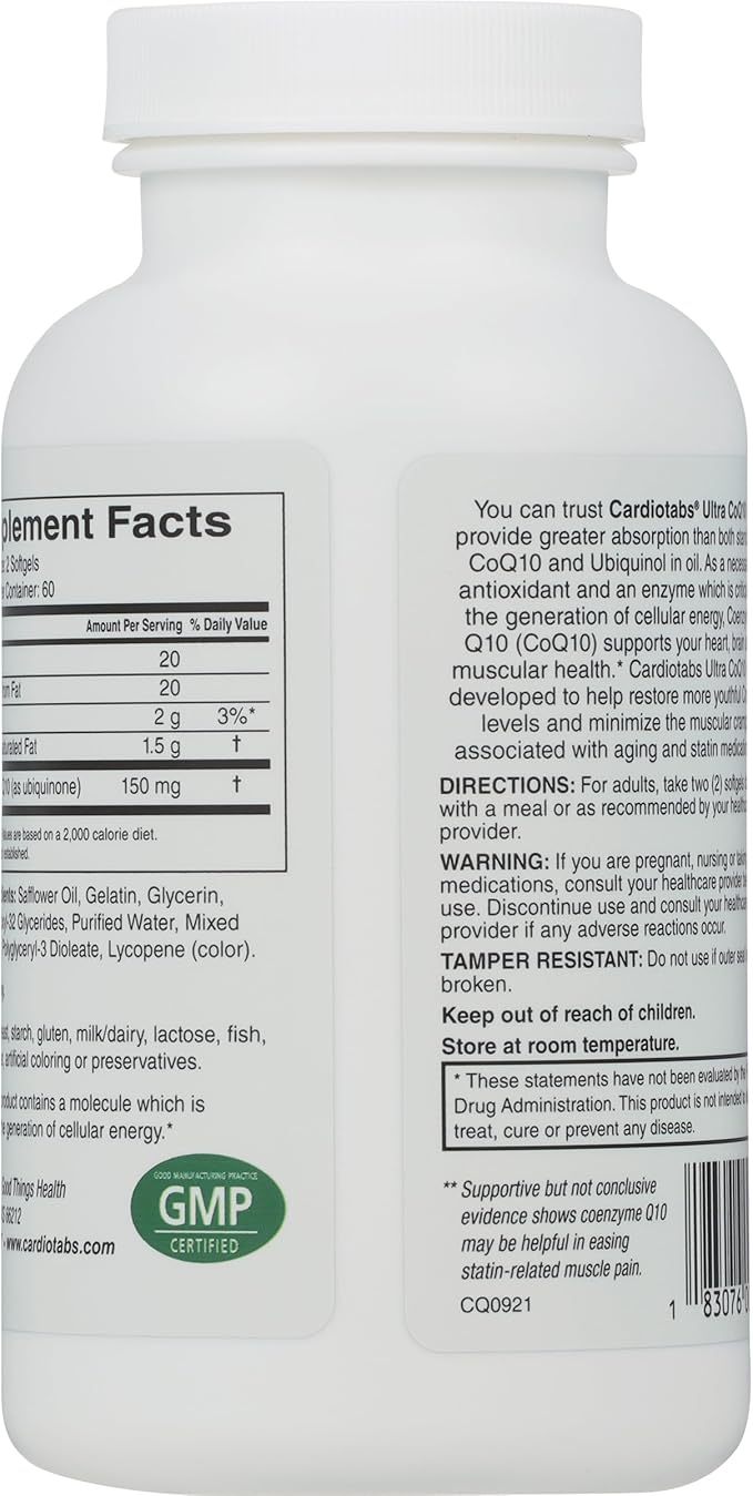 Ultra CoQ10 Coenzyme Supplement for Cardio Health 150 mg of CoQ10 - Ubiquinone - Per 2 Softgels w/Safflower Oil &amp Tocopherols 6X Better Absorption for Brain &amp Muscle Health 120 Softgels