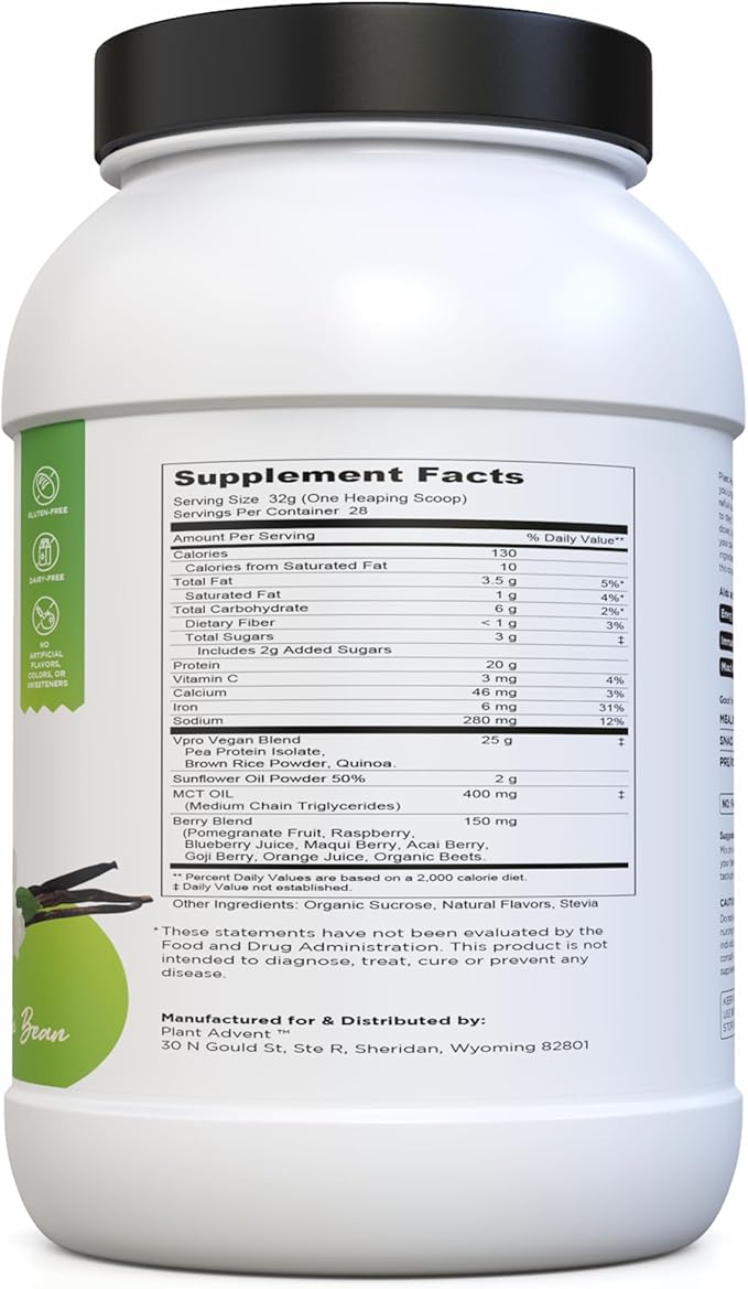 Premium Plant-Based Protein Powder - 100% Vegan No Artificial Flavors Gluten-Free and Dairy-Free (2 lbs Vanilla Bean)