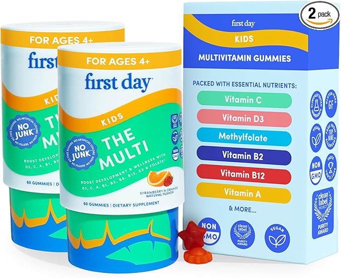 FIRST DAY Kids Multivitamin Gummies Age 4+ Strawberry &amp Orange - Kids Vitamins Multivitamin Gummy A C D3 K2 B1 B2 B6 B12 Folate Immunity &amp Brain Function Vegan - 60 Day Supply Packaging Ma