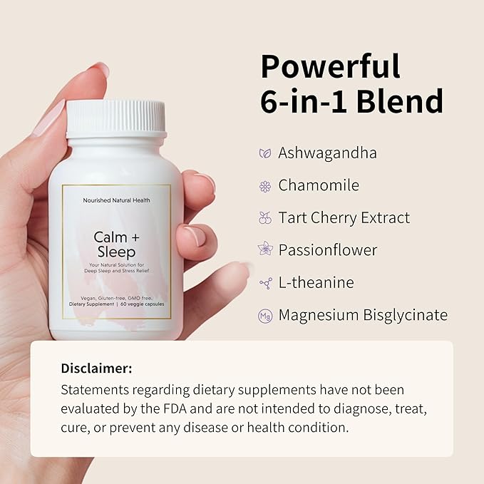 Nourished Natural Health Calm + Sleep – Relaxation &amp Melatonin-Free Sleep Supplement for Women Cortisol Support with Ashwagandha L-Theanine Magnesium &amp Valerian Root–Vegan &amp Non-GMO – 3