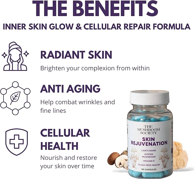 Skin Rejuvenation Supplement - Inner Skin Glow &amp Cellular Repair Formula – Lion’s Mane Oyster Vitamin E Niacin + Beta-Glucans – Antioxidant + Beauty Blend - 120 Vegan Capsules