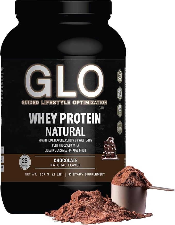 GLO Health Foods Cold Processed Whey Protein - Chocolate Flavor - 24g Protein per Serving - Whey with Digestive Enzymes &amp BCAAs - Supports Muscle Growth Strength &amp Recovery - 2 LB (28 Serving