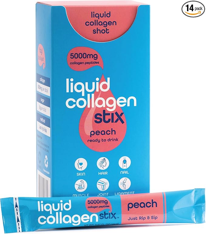 Hydrolyzed Liquid Collagen Peptides for Women &amp Men - Grass-Fed Bovine Protein Supplement for Hair Growth Skin and Nails (Pack of 14 Peach)