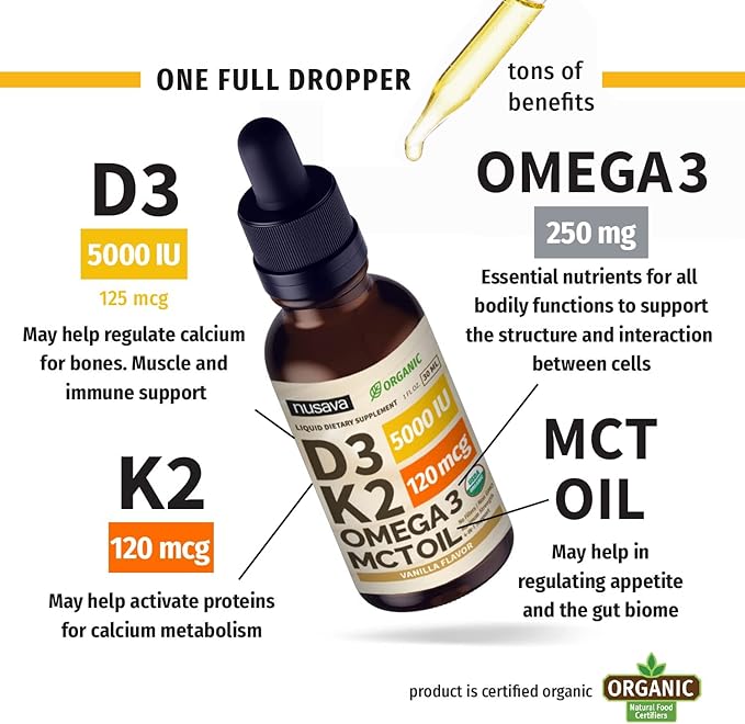 NUSAVA Unflavored D3 K2 Liquid Drops and Vanilla Flavored D3 K2 Liquid Drops Bundle - Potent Liquid Vitamins for Heart Joint Bone Muscle &amp Immune Support - Non-GMO Gluten-Free 2pk Each