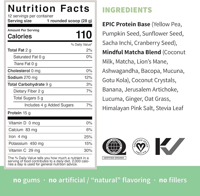 Sprout Living Epic Protein Plant Based Protein &amp Superfoods Powder Mindful Matcha | 17 Grams Organic Protein Powder Vegan Non-GMO Gluten Free Adaptogens + Nootropics (1 Pound 12 Servings)