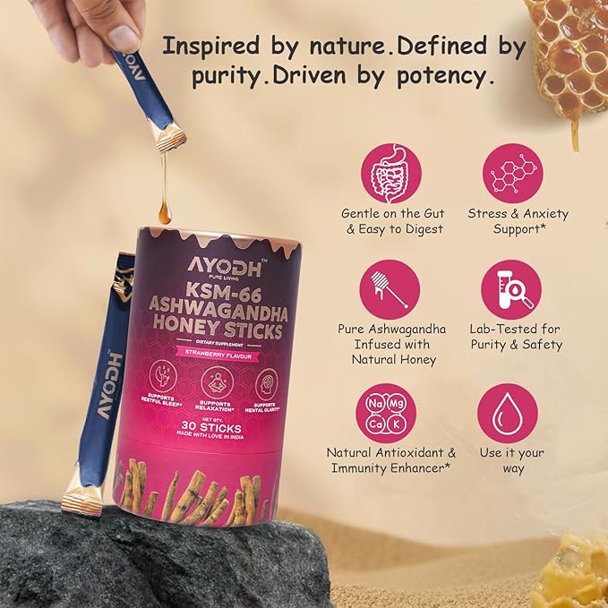 Premium KSM-66 Ashwagandha Honey Sticks – 30 Natural Himalayan Honey Sticks with 400 mg Ashwagandha Extract Promotes Relaxation &amp Calm Focus Non-GMO Daily Adaptogen Wellness