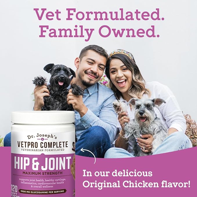 Dr. Joseph's VetPro Complete Dog Hip &amp Joint Supplement for Arthritis Pain Relief – High-Strength Glucosamine &amp Chondroitin Chews for Senior Dogs – Vet Formulated Daily Treats Chicken Flavor