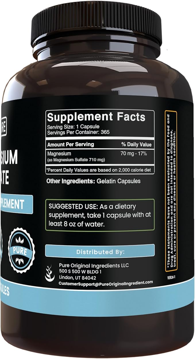 Pure Original Ingredients Magnesium Sulfate (365 Capsules) No Rice Fillers Always Pure Lab Verified