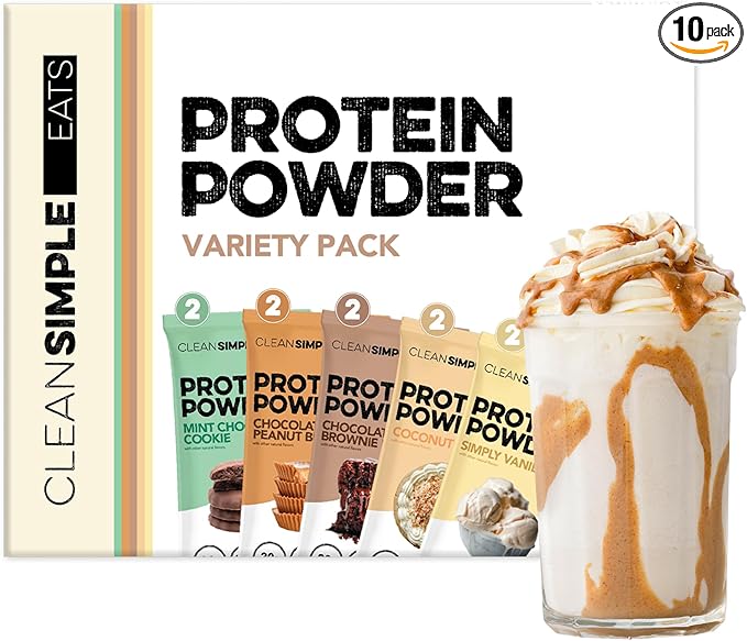 Clean Simple Eats Whey Protein Powder Variety Pack Naturally Sweetened Flavors 100% Grass Fed Protein Powder with Digestive Enzymes &amp No Artificial Ingredients Gluten Free 10 Single Serve Pac