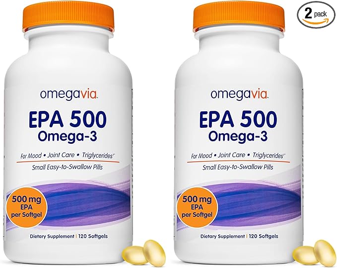 OmegaVia EPA 500 Purified Omega-3 Fish Oil Supplement 500 mg EPA in Triglyceride Form Burpless Fish Oil Non-GMO Gluten-Free IFOS 5-Star 120 Softgels (Pack of 2)
