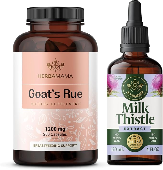 HERBAMAMA Goat's Rue and Milk Thistle Kit - Bundle of 1200 mg Goat's Rue Capsules &amp Milk Thistle Liver Detox Drops 4 fl oz - Vegan Non-GMO Sugar &amp Alcohol-Free - 2 Pack