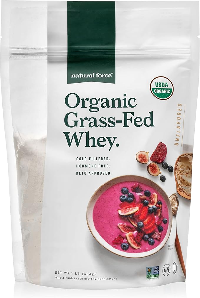 Natural Force Grass Fed Organic Whey Protein Powder Unflavored - 16 oz Organic Clean Collagen Peptides Powder Unflavored 32oz