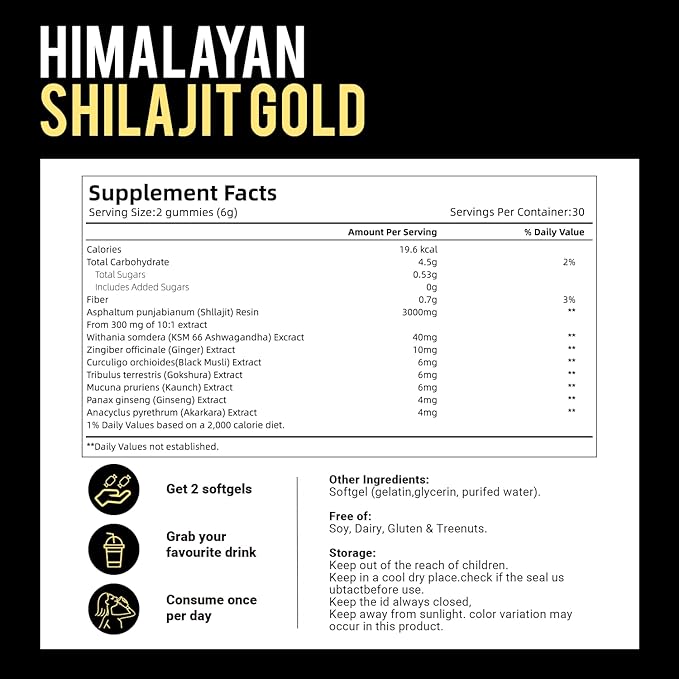 Shilajit Gummies with Ashwagandha &amp Gokshura | 85+ Trace Minerals &amp Fulvic Acid | Organic Non-GMO Micronutrient Supplement for Men &amp Women | 100% Pure &amp Natural