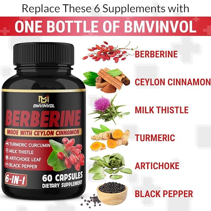 (3 Packs) Berberine Supplement Plus Ceylon Cinnamon Milk Thistle Turmeric Artichoke Leaf Black Peppe - 6 Month Supply - 180 Capsules Total