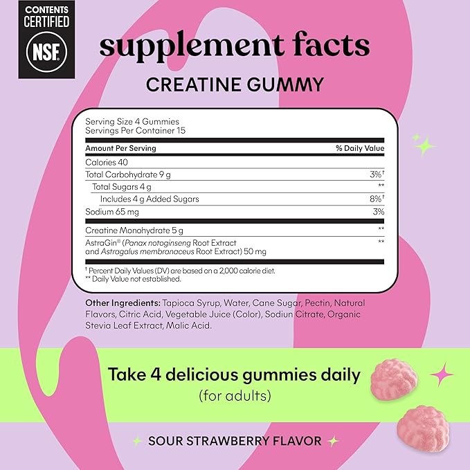 Lemme Creatine Monohydrate Gummies for Women and Men 5g Dose to Support Lean Muscle Strength Recovery Cognitive Health w/Ginseng for Absorption Sour Strawberry NSF Certified 60 Gummies