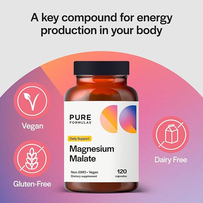 PureFormulas Magnesium Malate Capsules - Chelated Malate - Highly Bioavailable Form to Support Energy Bone Health + Muscle Recovery malato de magnesio 360 mg - 120 Capsules