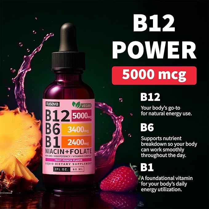(2 Pack) Vitamin B12 and B6 Liquid Drops B12 Sublingual Vitamin B Complex - B 12 Vitamin 5000mcg - B12 Methylcobalamin for Energy Brain and Heart Support with 27200 mcg Fruit Punch 80 Servings