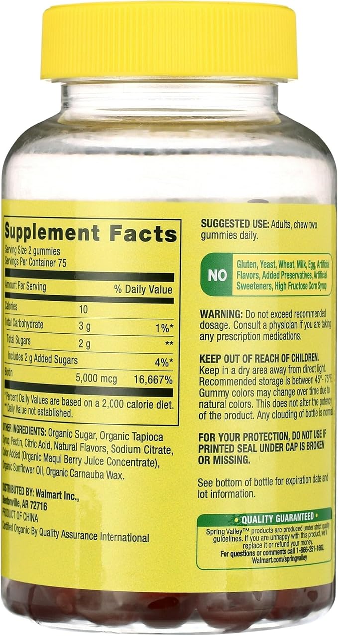 Spring Valley Biotin 5000mcg- Blueberry Flavor Hair Skin and Nails 150 Gummies (Pack of 1) Set by Basket Goods