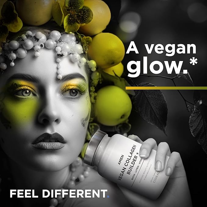 Amen Plant-Based Vegan Collagen Builder Supplement - Organic Whole Foods Lutein Vitamin C Biotin Lysine Proline Collagen Boosters - Organic Cranberry Lemon Strawberry - Once A Day - 30 Capsules