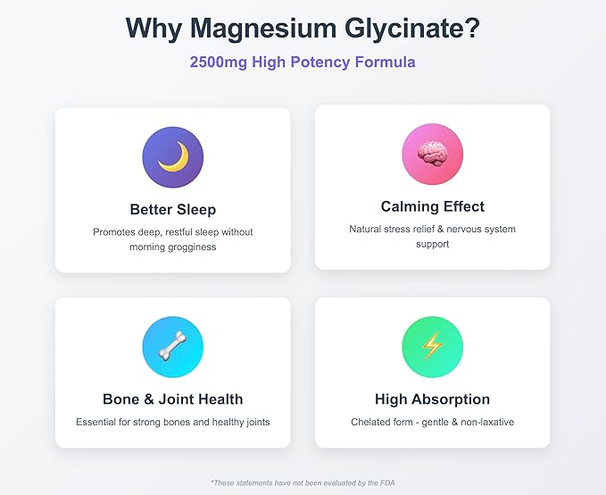 Magnesium Glycinate 2500mg - High Absorption Bisglycinate for Sleep Calm &amp Bone Support - 275mg Elemental per Serving - 90 Vegan Capsules (30 Day Supply) - Non-Laxative.