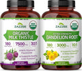 Zazzee USDA Organic Milk Thistle and Dandelion Root Supplement | 10:1 Organic Dandelion Root Extract Plus 30:1 Milk Thistle Extract | Liver Cleanse Detox Bundle (180 Servings Each)