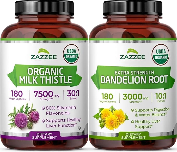 Zazzee USDA Organic Milk Thistle and Dandelion Root Supplement | 10:1 Organic Dandelion Root Extract Plus 30:1 Milk Thistle Extract | Liver Cleanse Detox Bundle (180 Servings Each)