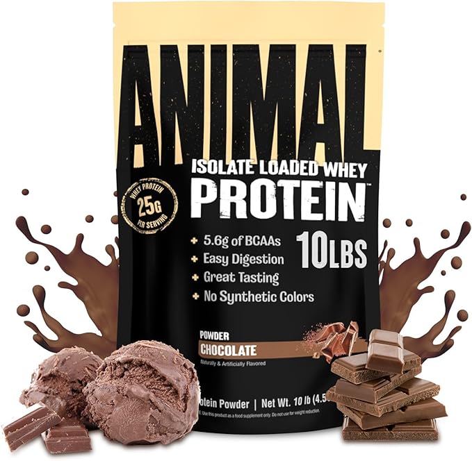 Animal Whey Isolate Protein Powder - Loaded for Pre &amp Post Workout Muscle Builder and Recovery with Digestive Enzymes for Men &amp Women - 25g Protein Great Taste Low Sugar - Chocolate 10 lbs